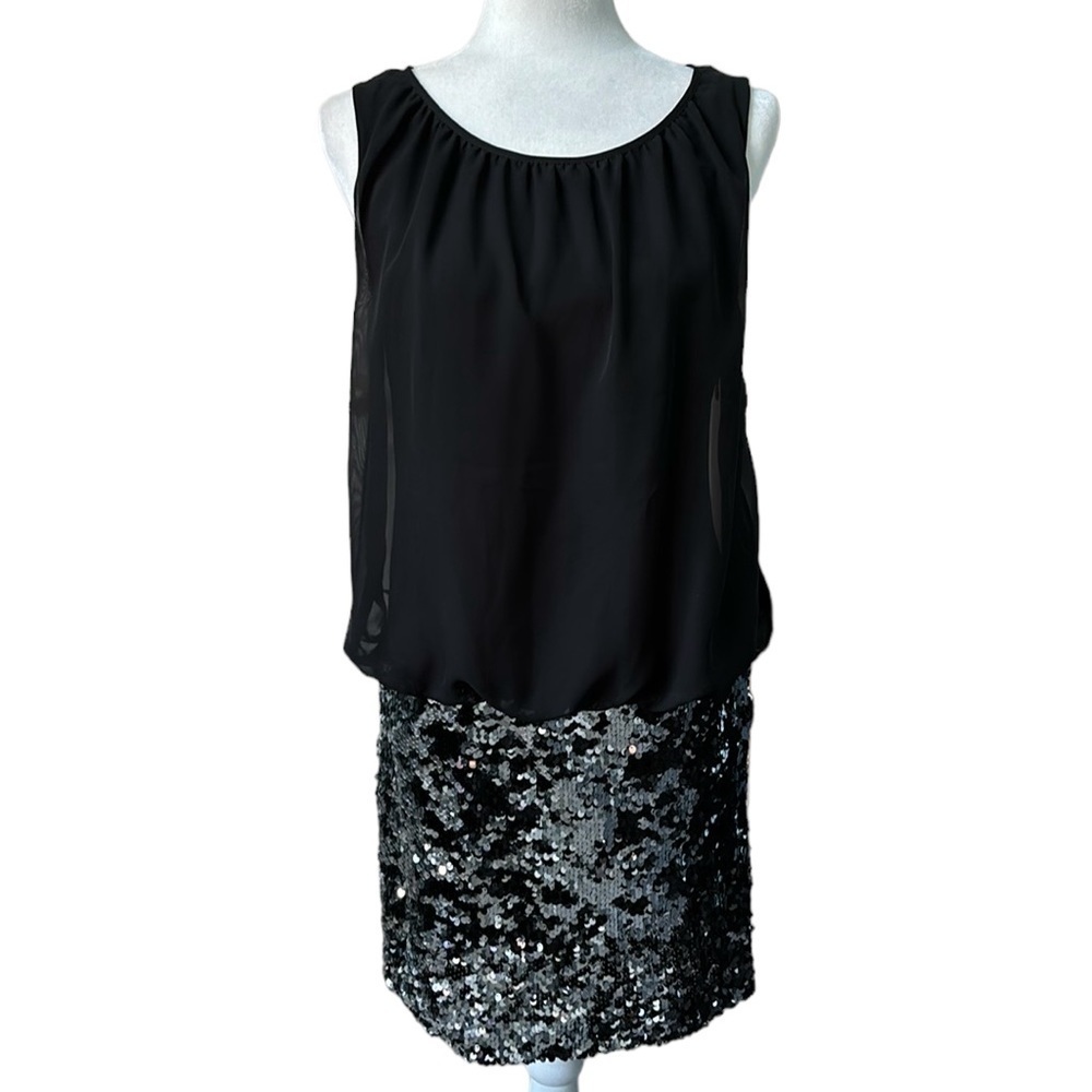 Adrianna Papell Sequin Skirt Blouson Dress Black Sleeveless Size 8